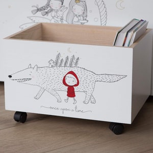 Customized Toy Box on Wheels – Hand Painted Wood Toy Box Also Makes Ideal Book Storage Box for Nursery with the Quote Once Upon a time