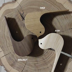 Puede incluir: Tres ganchos de pared de madera con forma de p&aacute;jaro en diferentes tipos de madera: nogal, fresno y roble. Los ganchos est&aacute;n dispuestos en c&iacute;rculo sobre una rodaja de tronco de &aacute;rbol.