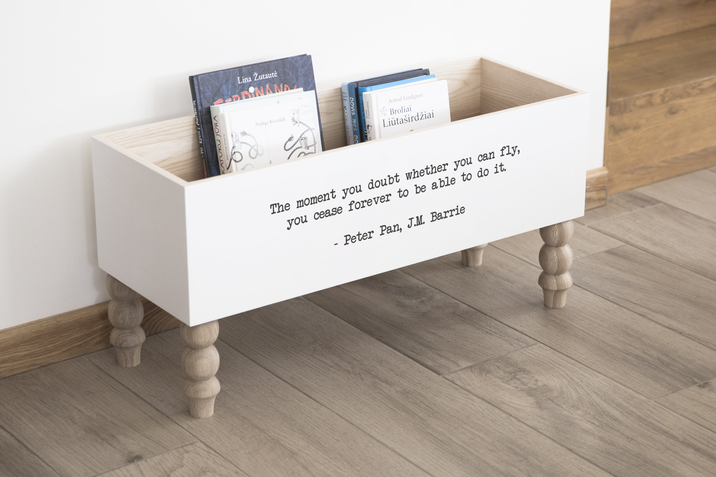 timber bookshelf with toy box