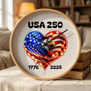 USA 250 Patriotic Wall Clock 1776 2026 American Flag Heart with Bald Eagle