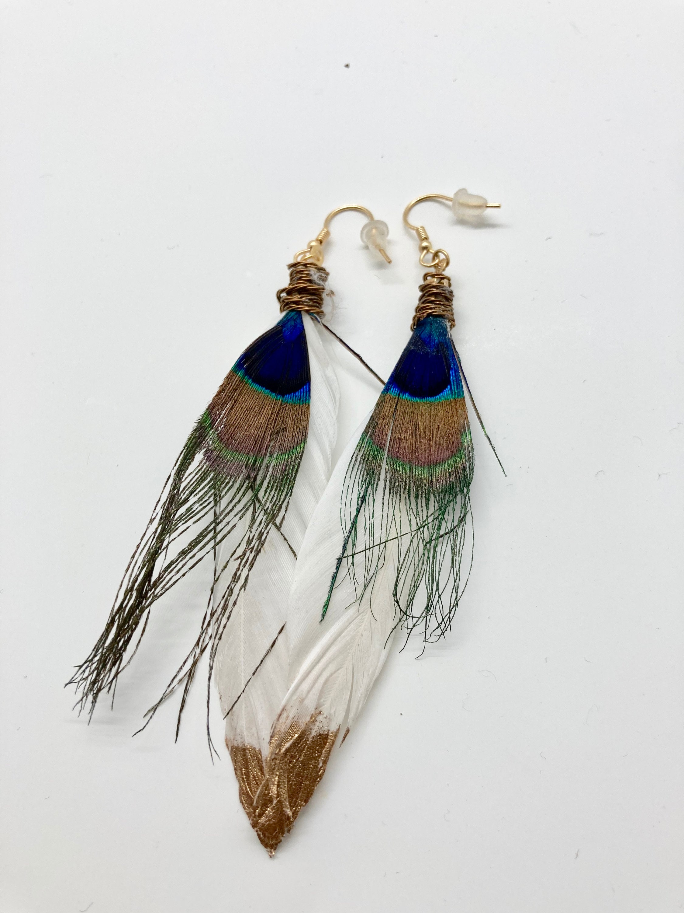 White and gold peacock feather earrings 14k gold earring Etsy