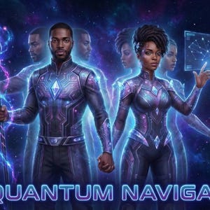 The Quantum Navigators Black Family Afrofuturist Digital Art Print | Dimension Travelers Genealogical Beacon