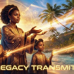 Peut inclure: Illustration numérique d'une femme et de deux enfants sur une plage, rayonnant d'une lumière dorée. Ils portent des robes avec des motifs de circuits imprimés. Le texte "THE LEGACY TRANSMITTERS" est en bas. Des palmiers et un ciel de coucher de soleil en arrière-plan.