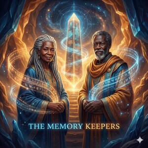 Peut inclure: Illustration numérique de deux personnages en robes ornées devant un obélisque lumineux. Des volutes d'énergie bleue entourent les figures, avec le texte "THE MEMORY KEEPERS" en bas. Le fond représente une structure de type caverne.