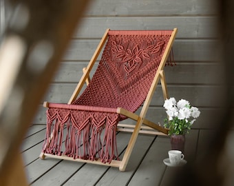 Boho Macramé Deck Chair – Handmade Folding Wooden Lounge Chair