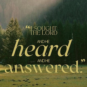 Puede incluir: Un paisaje sereno con un bosque y un campo, con el texto "I sought the Lord and He heard and He answered" en letras doradas. La imagen tiene una paleta de colores cálida y acogedora.