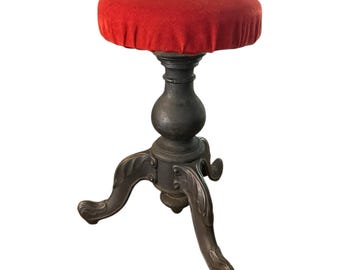 Vtg Victorian Style Adjustable Piano Stool Antique Wood Cast Iron Legs 20"
