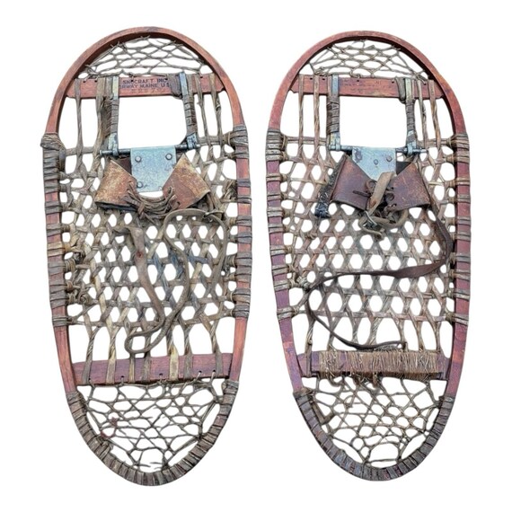 Vintage Pair Snowshoes By Snocraft Norway Maine USA 13x33 Leather w/ Bindings Snocraft Snowshoes | eBay main image 2