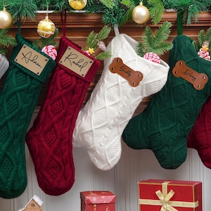 2025 Spersonalizowana skórzana skarpeta z naszywką, świąteczna skarpeta rodzinna, dziergane skarpety świąteczne, pończochy, spersonalizowana skarpeta dla psa, świąteczna dekoracja rodzinna