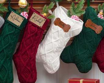 2025 Personalized  Leather Patch  Stocking,Christmas Family Stocking,Knit Christmas,Stockings,Custom Dog Stocking,Xmas Family Holiday Decor