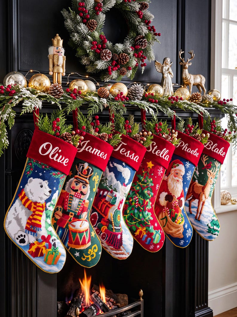 May include: Six personalized Christmas stockings with red velvet cuffs featuring the names Olive, James, Tessa, Stella, Phoebe, and Blake. The stockings display needlepoint designs of a polar bear, nutcracker, train, tree, Santa, and reindeer.