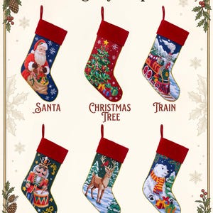 May include: Six Christmas stockings with red cuffs, each featuring a unique design: Santa, a Christmas tree, a train, a nutcracker, a reindeer, and a polar bear. The text "Stocking Style Options" appears at the top, with labels below each item.