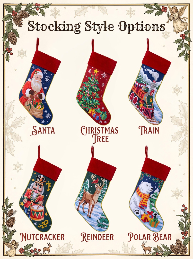 May include: Six Christmas stockings with red cuffs, each featuring a unique design: Santa, a Christmas tree, a train, a nutcracker, a reindeer, and a polar bear. The text "Stocking Style Options" appears at the top, with labels below each item.