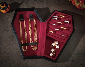 Caja de joyería personalizada con forma de ataúd, organizador de joyas de terciopelo personalizado, regalo espeluznante de Halloween