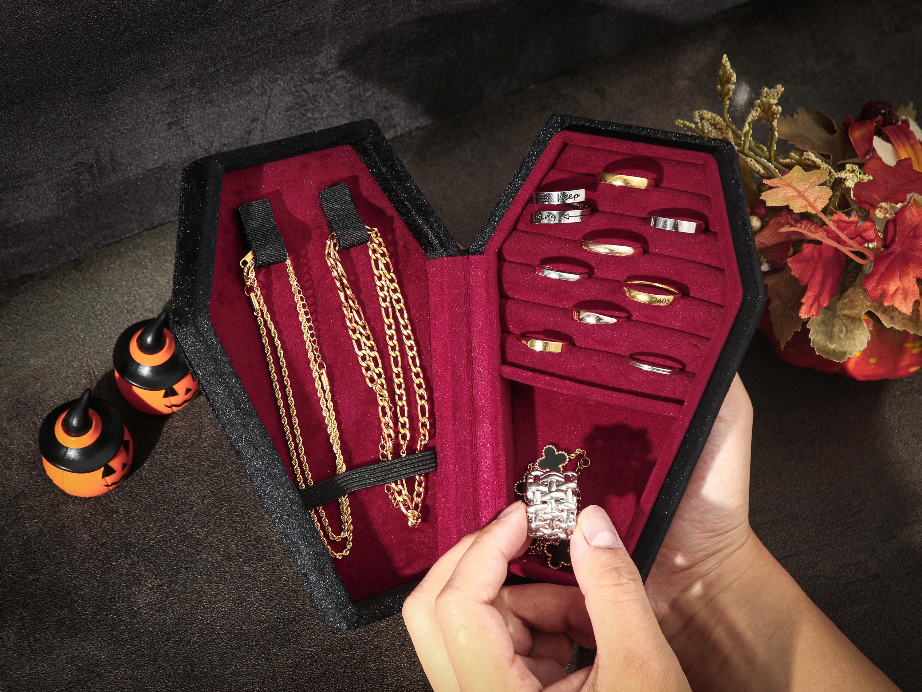 Personalized Coffin Jewelry Box, Custom Velvet Jewelry Organizer, Halloween Spooky Gifts product image