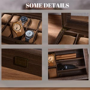 Puede incluir: Una caja de reloj de madera con m&uacute;ltiples compartimentos, algunos con relojes con correas de cuero y metal. La caja est&aacute; abierta, revelando el interior con almohadas para relojes. El texto "SOME DETAILS" est&aacute; en la parte superior.
