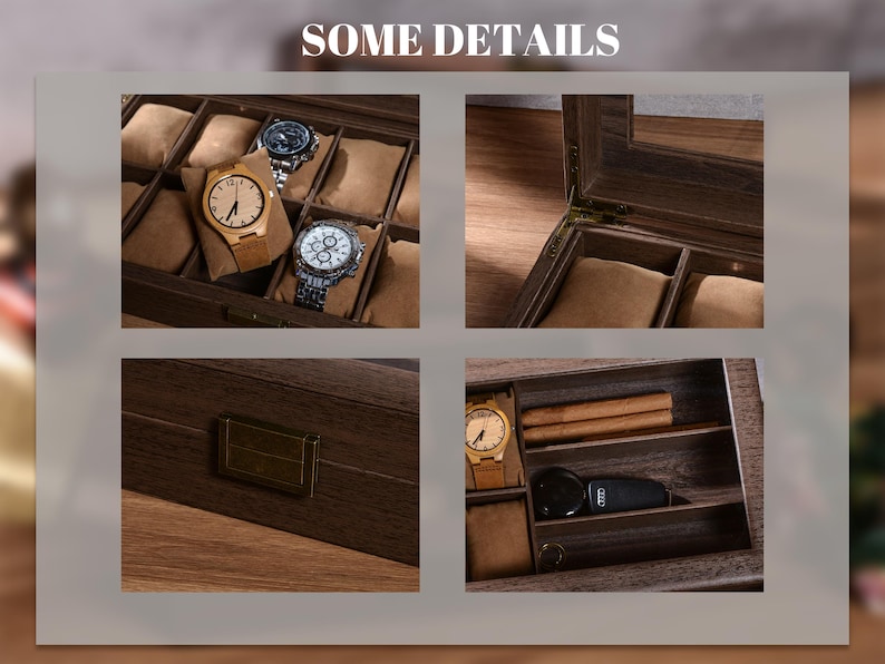 Puede incluir: Una caja de reloj de madera con m&uacute;ltiples compartimentos, algunos con relojes con correas de cuero y metal. La caja est&aacute; abierta, revelando el interior con almohadas para relojes. El texto "SOME DETAILS" est&aacute; en la parte superior.