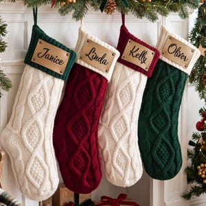 2026 Personalized  Christmas Stocking, Knit Christmas Family Stocking, Leather Patch Christmas Stocking, Xmas Family Holiday Decor