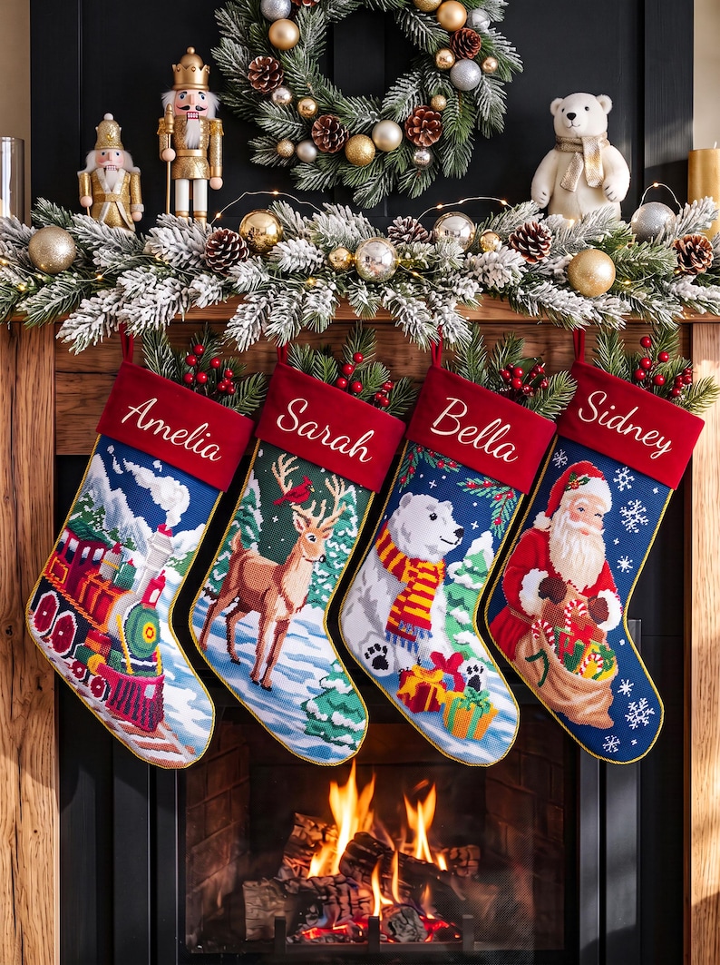 May include: Four personalized Christmas stockings hanging in a row, each featuring a red cuff with white embroidered names: Amelia, Sarah, Bella, and Sidney. The stockings display festive scenes including a train, a deer, a polar bear, and Santa Claus.