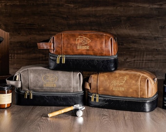 Custom Football Team Logo Engraved Dopp Kit, Leather Toiletry Bag,Men's toiletry bag,Gift for Football Lover, Team Gift Ideas,Dopp Kit