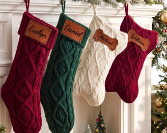 2026 Personalized  Leather Patch  Christmas Stocking, Knit Christmas Family Stocking, Xmas Family Holiday Decor