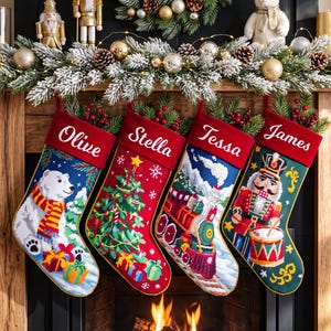 May include: Four personalized Christmas stockings with red cuffs featuring the names Olive, Stella, Tessa, and James. The stockings display festive needlepoint designs including a polar bear, a decorated tree, a steam train, and a nutcracker.