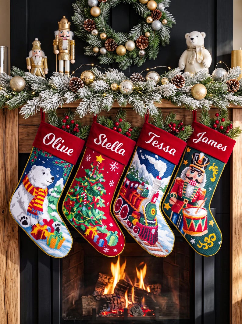 May include: Four personalized Christmas stockings with red cuffs featuring the names Olive, Stella, Tessa, and James. The stockings display festive needlepoint designs including a polar bear, a decorated tree, a steam train, and a nutcracker.