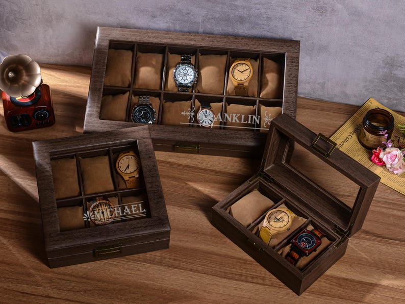 Caja de reloj de cuero personalizada, estuche para reloj grabado a medida, almacenamiento de relojes, regalo de aniversario, regalos para marido imagen 6