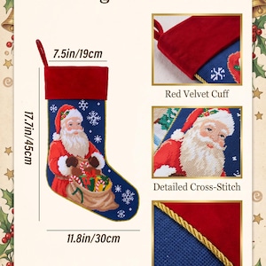 May include: A Christmas stocking featuring a cross-stitch Santa Claus on a blue background with snowflakes. It has a red velvet cuff and gold twisted trim. Dimensions are 17.7 inches by 11.8 inches, with a 7.5-inch opening. Text reads: Stocking Details & Size.