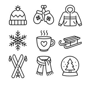 May include: A collection of black and white line drawings depicting winter. The illustrations include a bobble hat, snowflake-decorated mittens, a hooded coat, a snowflake, a heart-adorned mug, a sledge, skis, a scarf, and a snow globe.