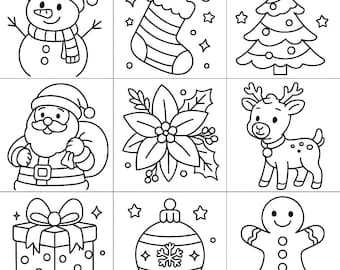 May include: Black and white line art illustrations of Christmas-themed objects. Includes a snowman, stocking, Christmas tree, Santa Claus, poinsettia, reindeer, gift box, ornament, and gingerbread man. Each image is outlined with black lines.