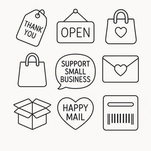 May include: A collection of line art icons related to e-commerce and small business support. Includes a tag with "THANK YOU", an "OPEN" sign, shopping bags, a speech bubble with "SUPPORT SMALL BUSINESS", an envelope with a heart, a box, a heart with "HAPPY MAIL", and a barcode.