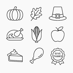 Könnte beinhalten: Eine Sammlung von schwarz-weißen Strichzeichnungen mit Thanksgiving-Motiven. Enthält einen Kürbis, ein Blatt, einen Pilgerhut, einen gebratenen Truthahn, Mais, einen Apfel, ein Stück Kuchen, eine Hähnchenkeule und eine "Give Thanks"-Plakette.