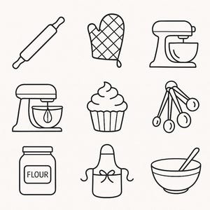 Op de afbeelding: Zwart-wit illustratie van bakgereedschap en ingrediënten. Bevat een deegroller, ovenwant, keukenmixer, cupcake, maatlepels, een pot met het opschrift "FLOUR", een schort en een mengkom met een lepel.