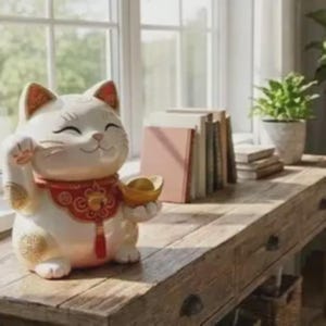 Peut inclure: Figurine de chat Maneki Neko en céramique blanche, avec un collier rouge et des détails dorés. Le chat sourit et tient une pièce d'or. La figurine est posée sur une table en bois près d'une fenêtre.