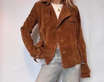 Casaco vintage de couro camurça genuíno dos anos 70 – Jaqueta blazer feminina marrom bege – Jaqueta de camurça genuína estilo ocidental – Casaco de outono minimalista boho