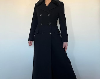 Abrigo largo vintage de lana negra – Gabardina cruzada para mujer con cuello de piel sintética – Abrigo largo de lana cálido para invierno