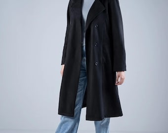 Vintage zwarte suède trenchcoat uit de jaren 70 | Double-breasted leren damesjas | Lange suède jas in bohostijl | Handgemaakte leren bovenkleding