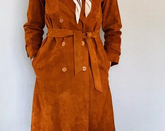 Women's Brown Vintage Suede Coat - Long Leather Coat - 70s Style Belted Trench Coat - Women Suede Fallout Coat - Boho Leather Outwear Coat