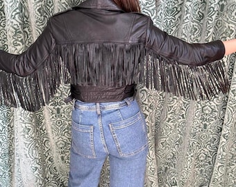 Women's Black Leather Fringe Jacket | Vintage 90s Cropped Leather Jacket | Western Style Biker Tassel Jacket | Handmade Rockstar Jacket