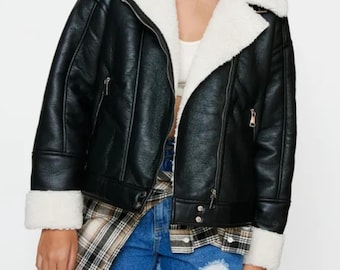 Women’s Vintage 90’s Shearling Leather Jacket – Handmade B3 Bomber Jacket - Black Real Sheepskin Leather RAF Aviator Coat