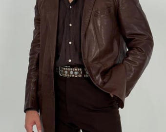 Men's Vintage 90s Leather Blazer | Brown Sheepskin Leather Jacket | Classic Formal Leather Coat | Handmade Leather Outerwear