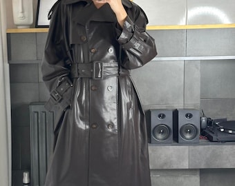 Women Dark Brown Leather Trench Coat - Single Breasted Sheepskin Leather Long Coat - 70's Genuine Leather Outwear Coat - Y2k Coat For Women