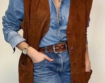 Vintage Brown Suede Vest Women | 70s Suede Leather Waistcoat | Boho Western Minimalist Leather Vest | Handmade Suede Vest