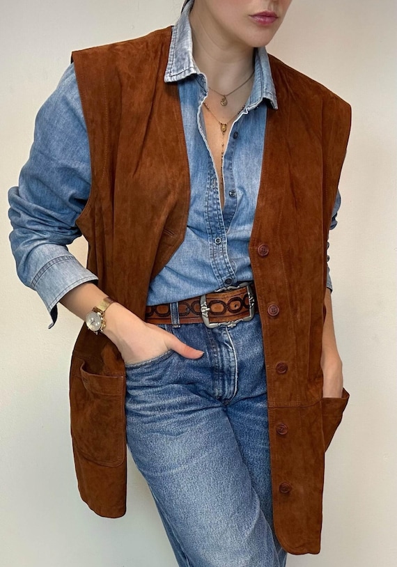 Vintage Brown Suede Vest Women | 70s Suede Leather Waistcoat | Boho Western Minimalist Leather Vest | Handmade Suede Vest