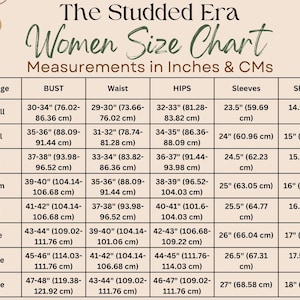 May include: A size chart for women's clothing from "The Studded Era." Measurements are in inches and centimeters. The chart includes bust, waist, hips, sleeve, and shoulder measurements for sizes XXSmall to 3XLarge.