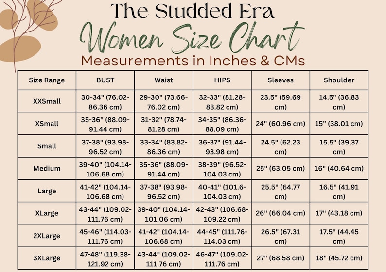 May include: A size chart for women's clothing from "The Studded Era." Measurements are in inches and centimeters. The chart includes bust, waist, hips, sleeve, and shoulder measurements for sizes XXSmall to 3XLarge.