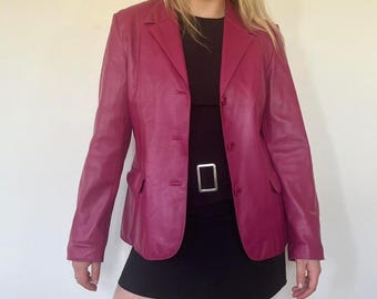 Women's Pink Leather Blazer Jacket - Genuine Sheepskin Leather Coat - Y2k Retro Leather Jacket Women - Classic Handmade Formal Jacket