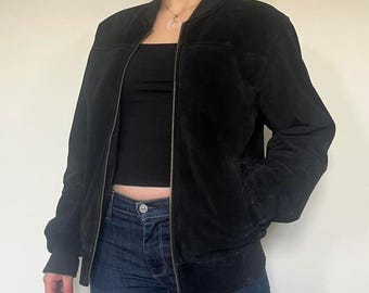 Blouson femme en cuir suédé noir vintage | Manteau zippé en daim véritable années 70 | Vêtements d'extérieur en daim véritable faits main | Cadeau pour elle