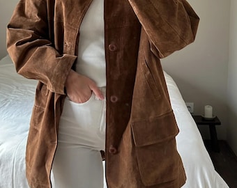 Women's 70s Suede Leather Coat – Vintage Brown Suede Blazer Jacket – Western Style Real Suede Outerwear – Boho Minimalist Fall Coat